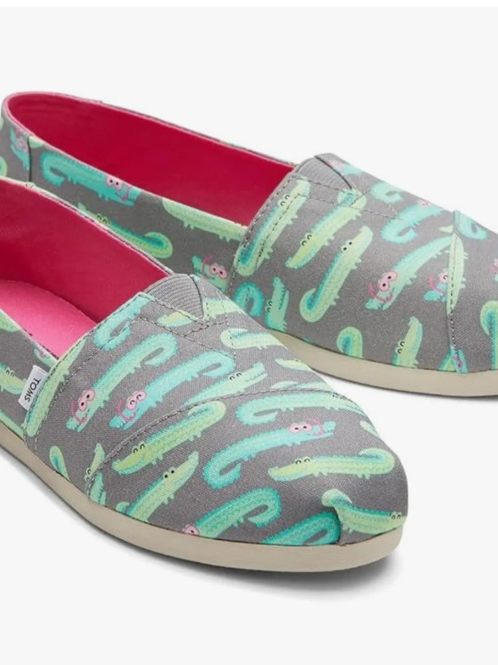 Toms Gray Canvas Slip-Ons with Snorkeling Alligator Pattern and Pink Lining